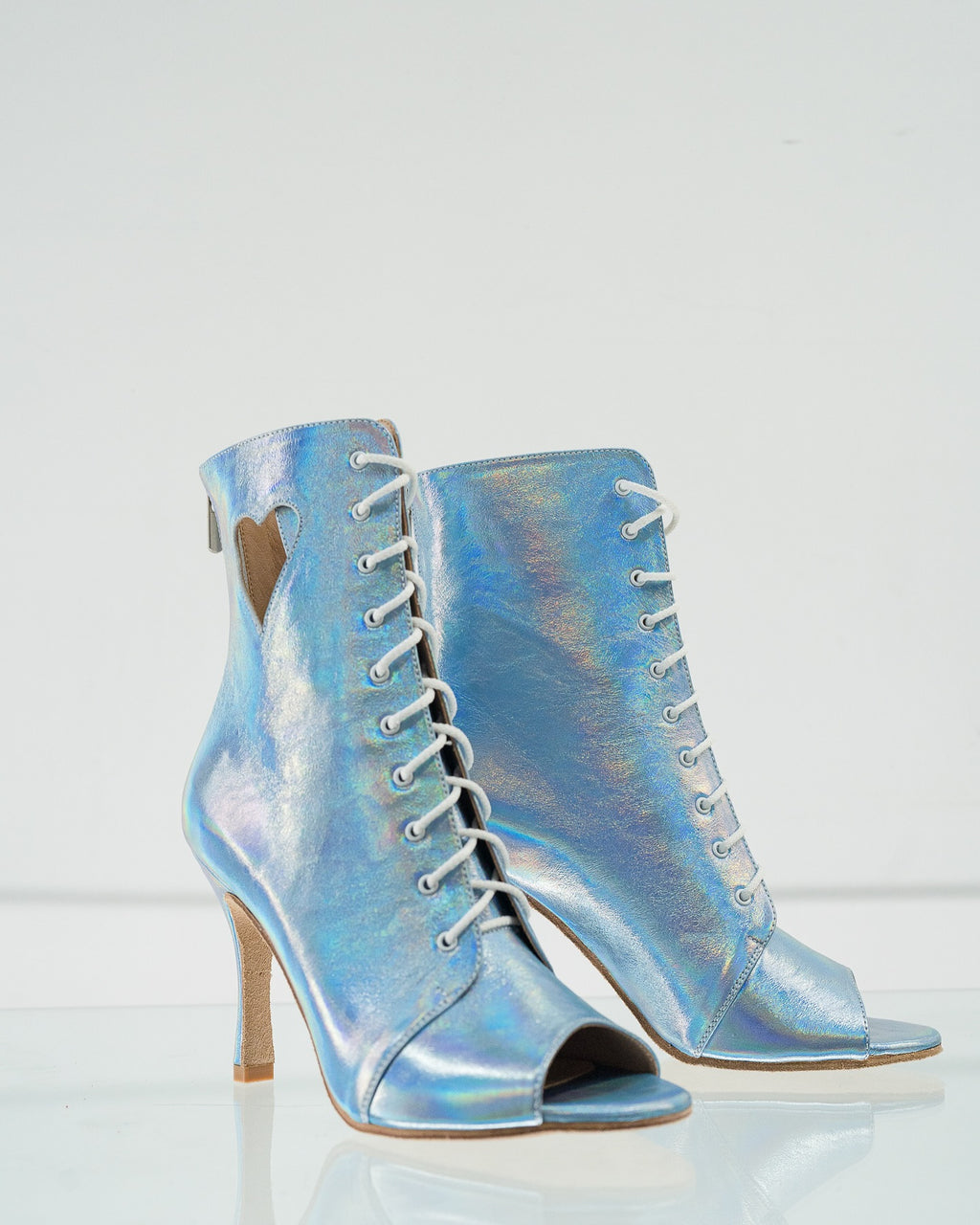 SPARKLE - Talons aiguilles à bout ouvert pour Heels Dance & Salsa | Cuir Premium Bleu argent avec petit cœur | 9,5 cm