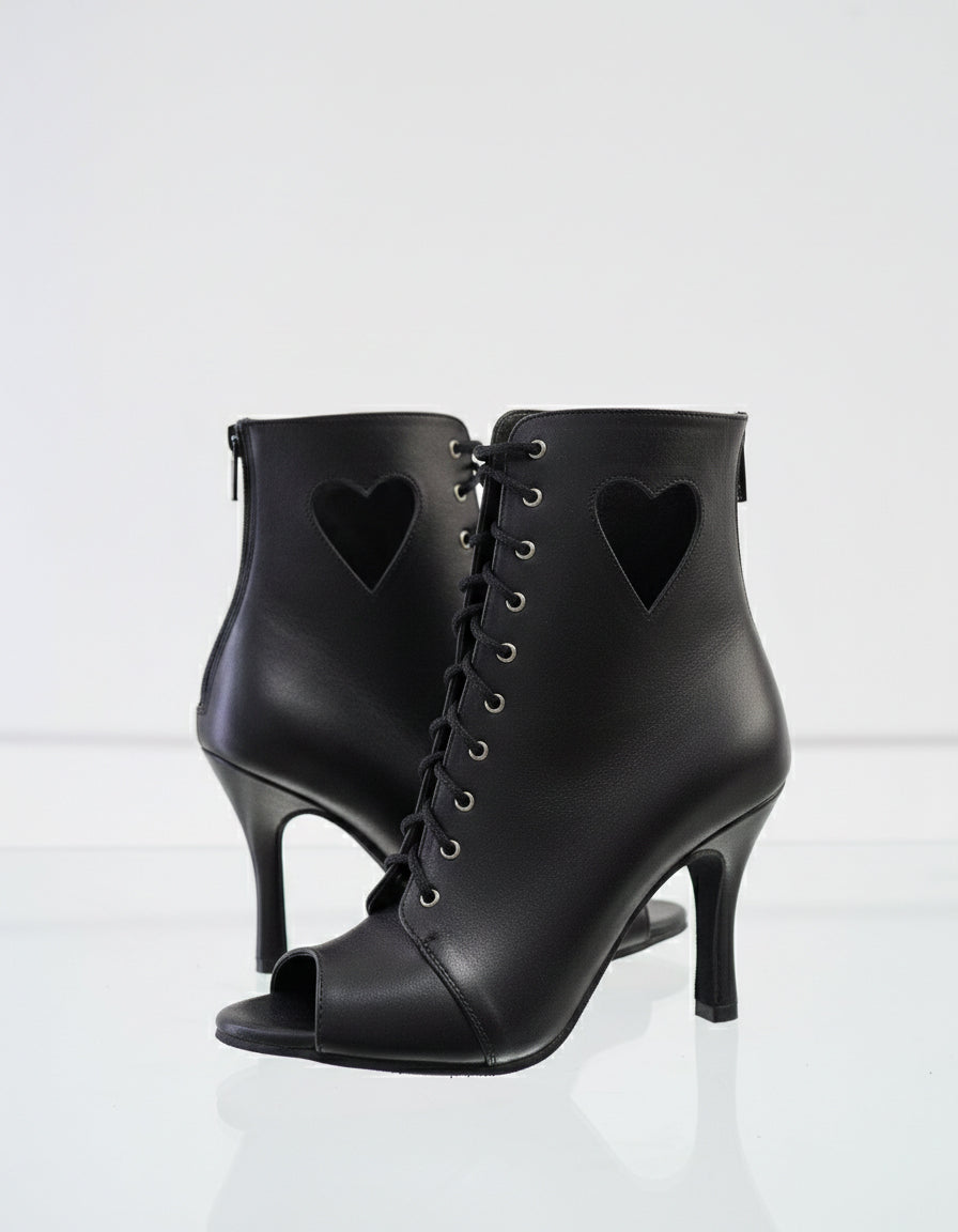 CUPIDON - Talons aiguilles à bout ouvert pour Heels Dance & Salsa | Cuir Premium Noir avec petit cœur | 9,5 cm