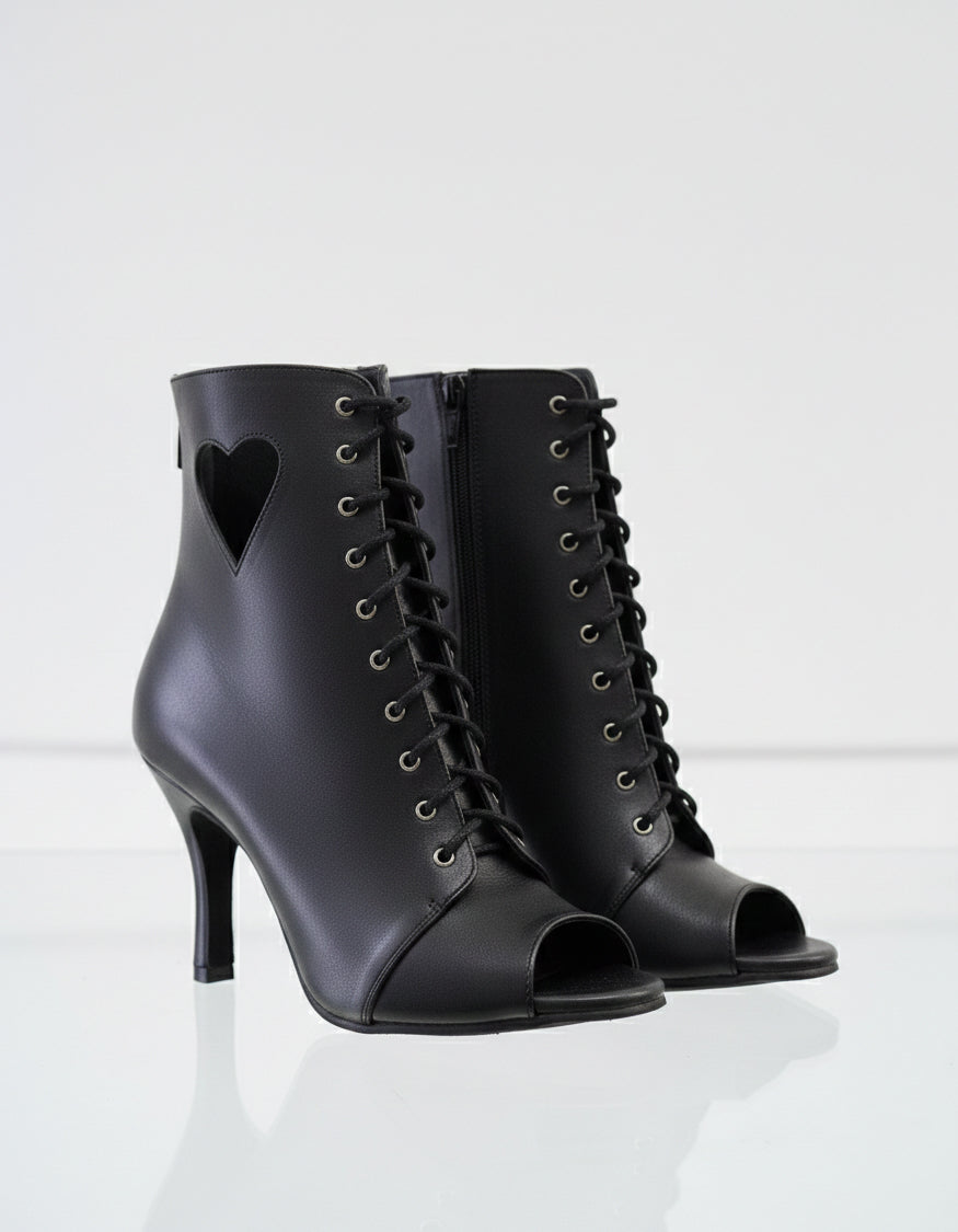 CUPIDON - Talons aiguilles à bout ouvert pour Heels Dance & Salsa | Cuir Premium Noir avec petit cœur | 9,5 cm